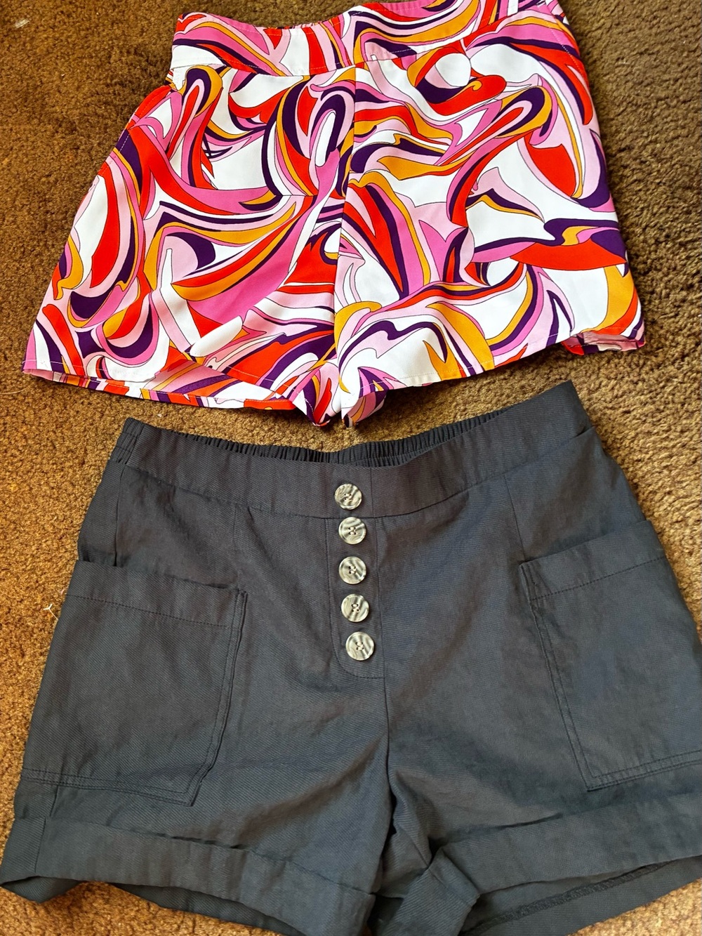 Express Pink Orange Purple Swirl High-Waist Shorts.  SoHo black shorts.